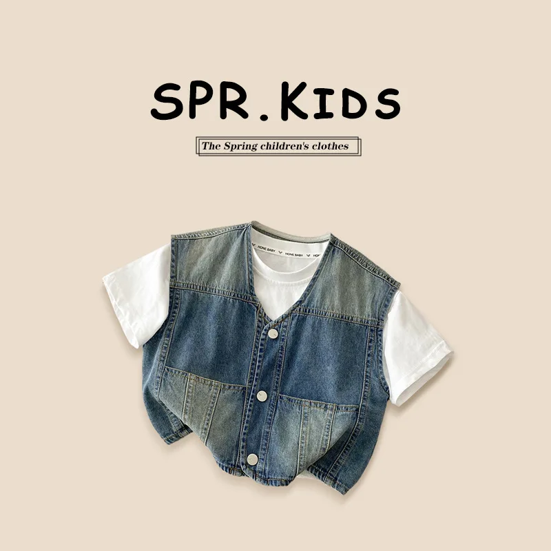 

2025 Children Boys Spring Summer Vest Gradient V-collar Single Breasted Kids Boys Waistcoat Casual Soft Cotton Toddler Boys Vest