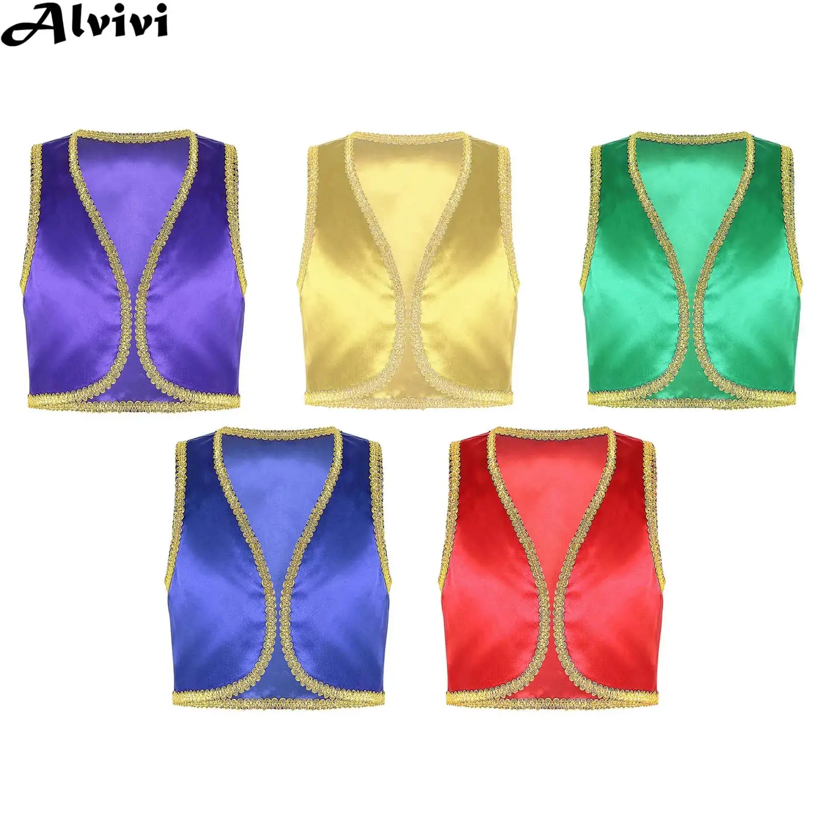 

Kids Boys Jazz Dance Vest Halloween Arabian Prince Cosplay Costume Open Front Golden Braided Waistcoat for Theme Party Carnival