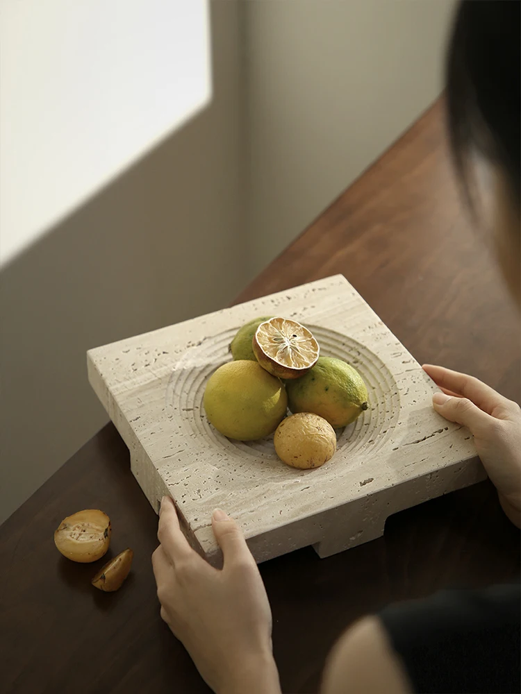 Beige Travertine Stone Tray Storage Container for Salad Bread Vintage Marble Fruit Bowl for Table Decor and Kitchen Counter