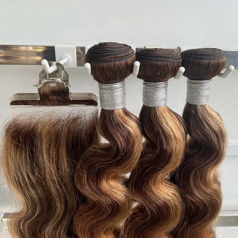 Highlight P4/27 Body Wave Human Hair Bundles With 4x4 Lace Closure Brazilian Remy Hair 3/4 PC Bundles Double Weft Hair Extensions