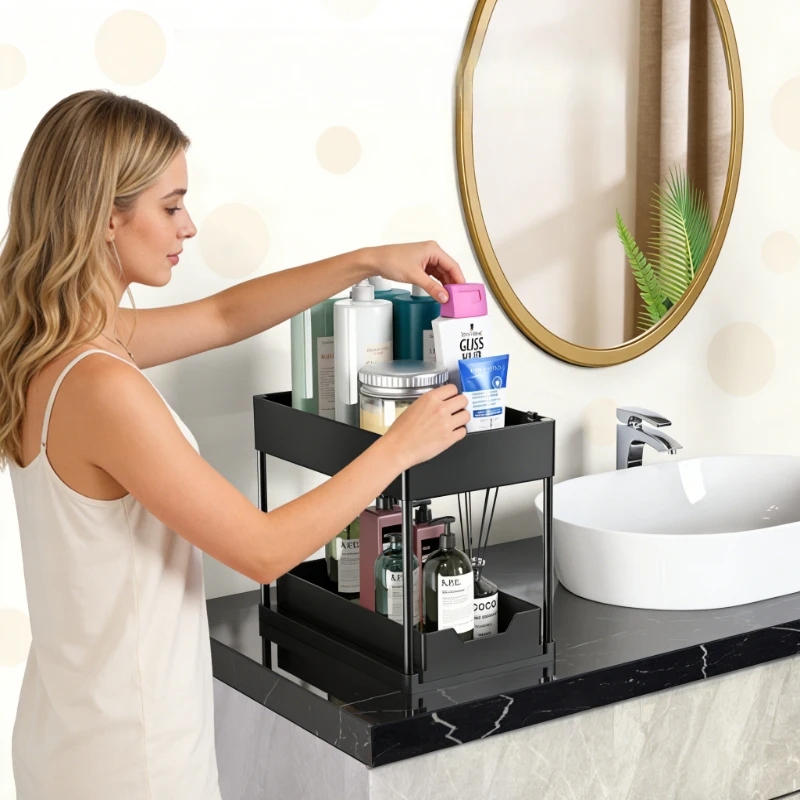 Organizador deslizante para debajo del fregadero con ganchos y soporte para colgar, para almacenamiento en el baño y la cocina, 1 unidad