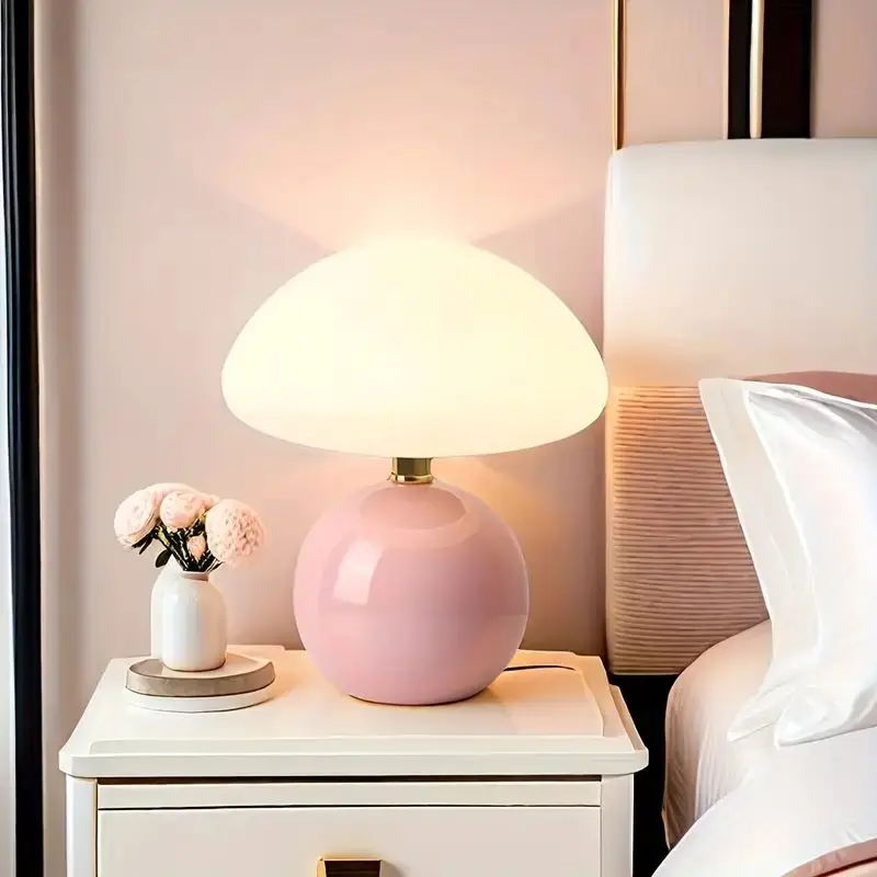 

EISSLOLY Dimmable Table Lamp Bedside Ceramic Base Bedroom Reading Light Lampshade(Pink)