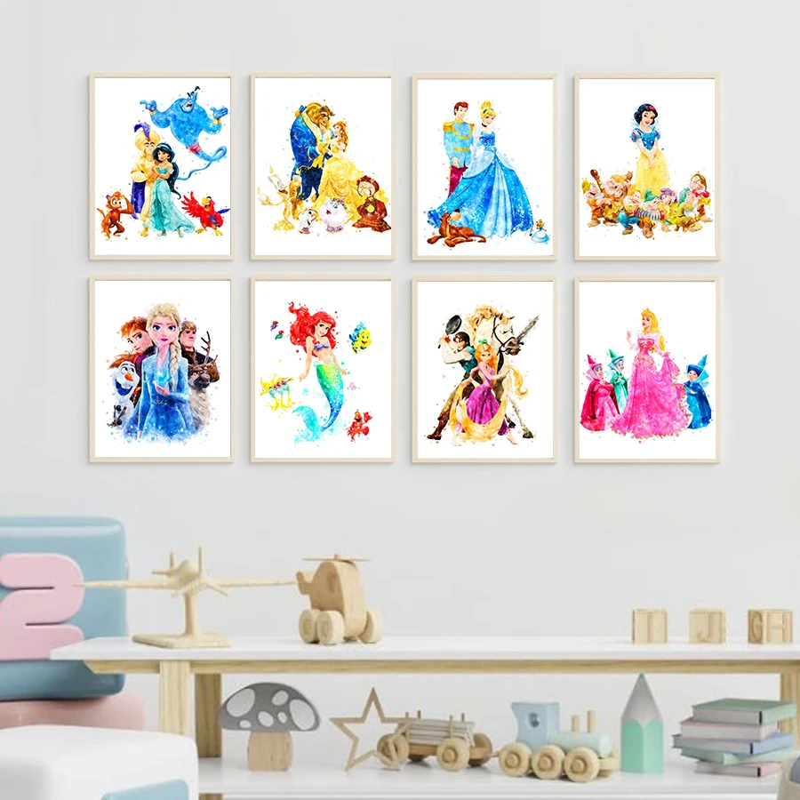 Watercolor Princess Art Prints Cinderella Rapunzel Sleeping Beauty Snow White Canvas Painting Girls Room Wall Pictures Decor