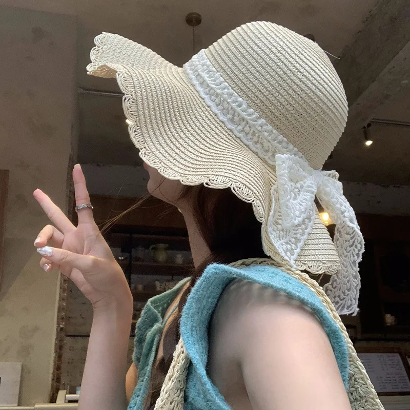 French Style Bow Lace Lace-up Straw Hat Female Summer Big Brim-Shade Hat Seaside Big Circumference Hepbu