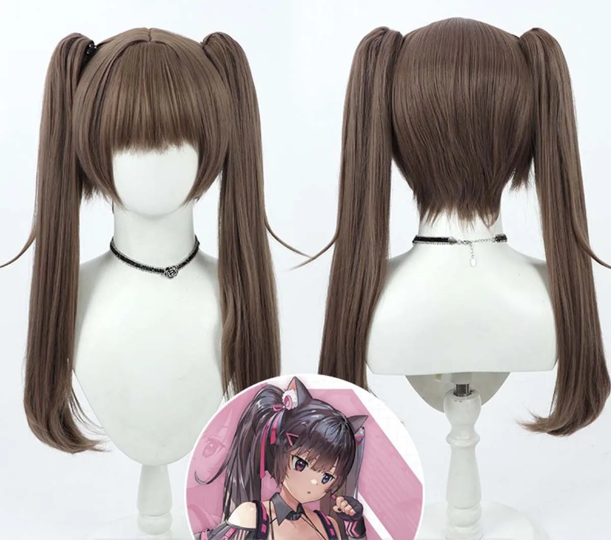 Gioco di ruolo per feste di Halloween Nero Cosplay Parrucca marrone con doppia coda di cavallo