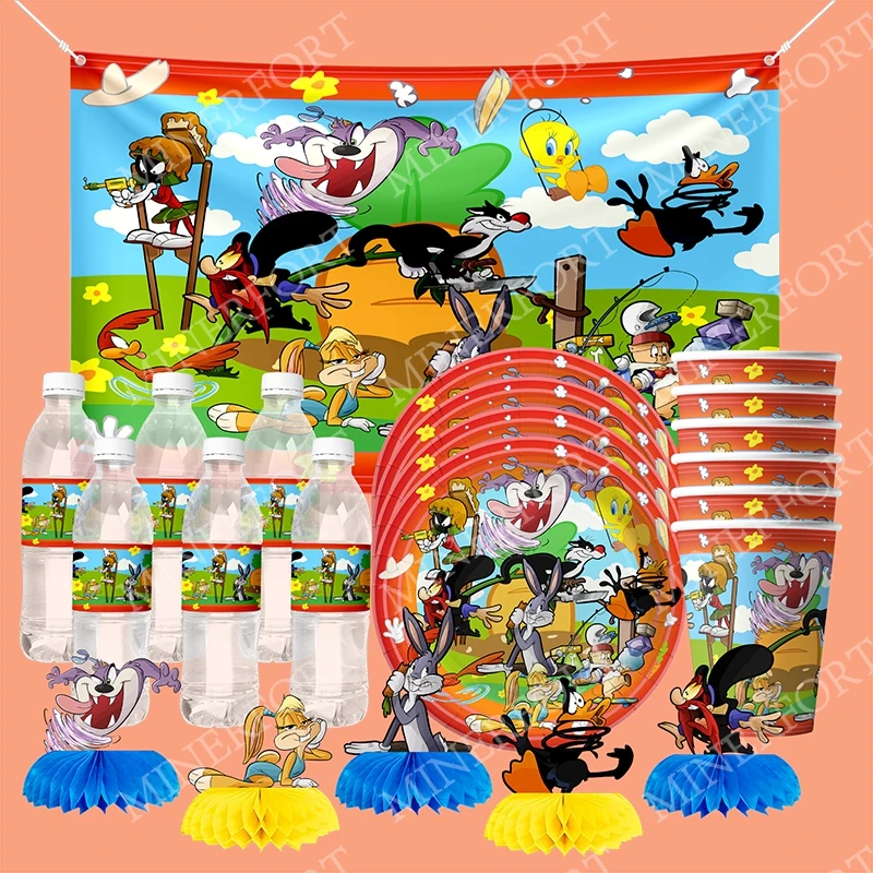 Conjunto de Utensílios de Mesa Temáticos do Cartoon Looney Tunes, Pratos de Papel, Copos, Adesivos em Espiral, Personagens de Anime para Festa de Aniversário