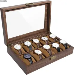 AMOBOX-Watch Box with Real Glass Lid, Wood Grain, PU Leather Watch with Removable Watch Pillows, Gift for Men and Women