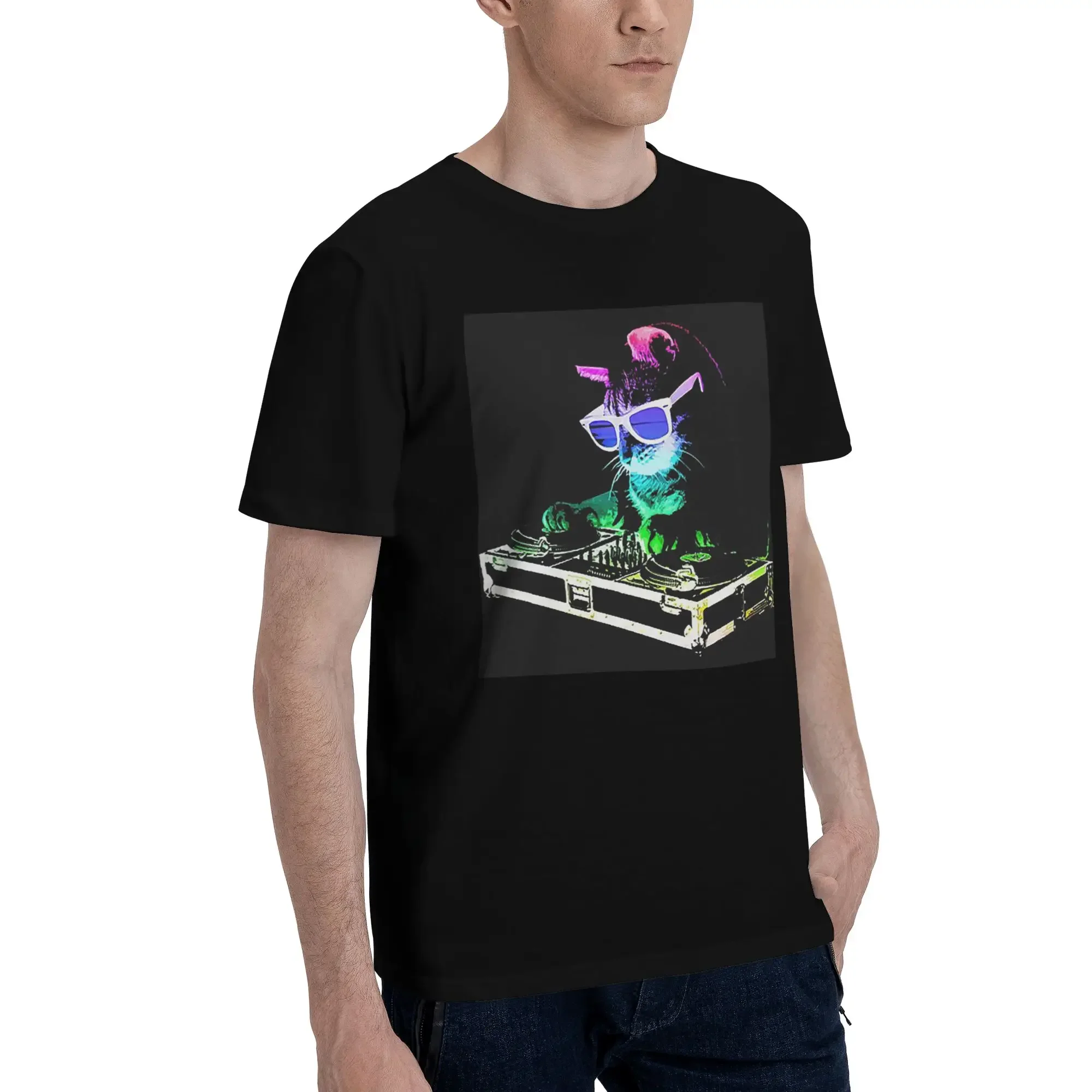House Cat Rainbow Dj Kitty Men T-Shirt Plus Size T Shirts Men's O-Neck Cotton Tees Short Summer Male