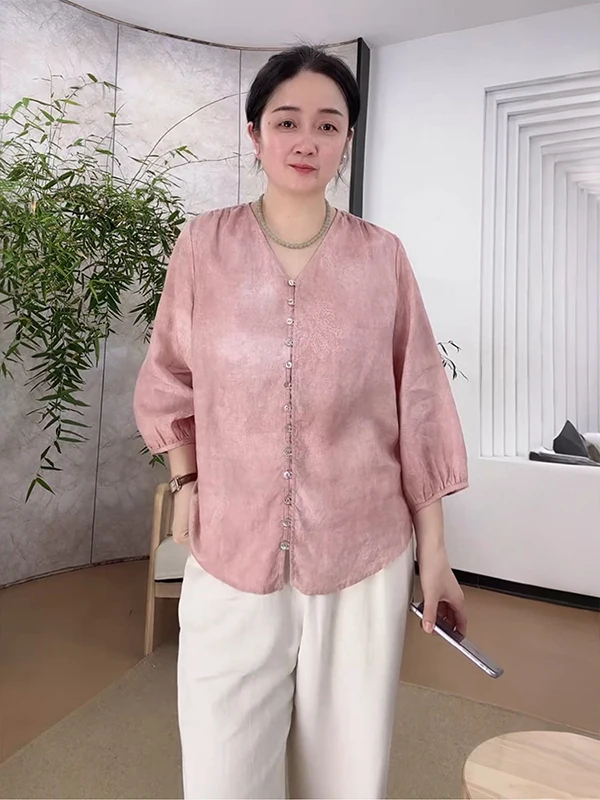 

Han Han Han Shirt Women's V-neck Casual Seven-quarter Sleeve New Chinese Style Loose Fit Printed Slimming Spring Fashion