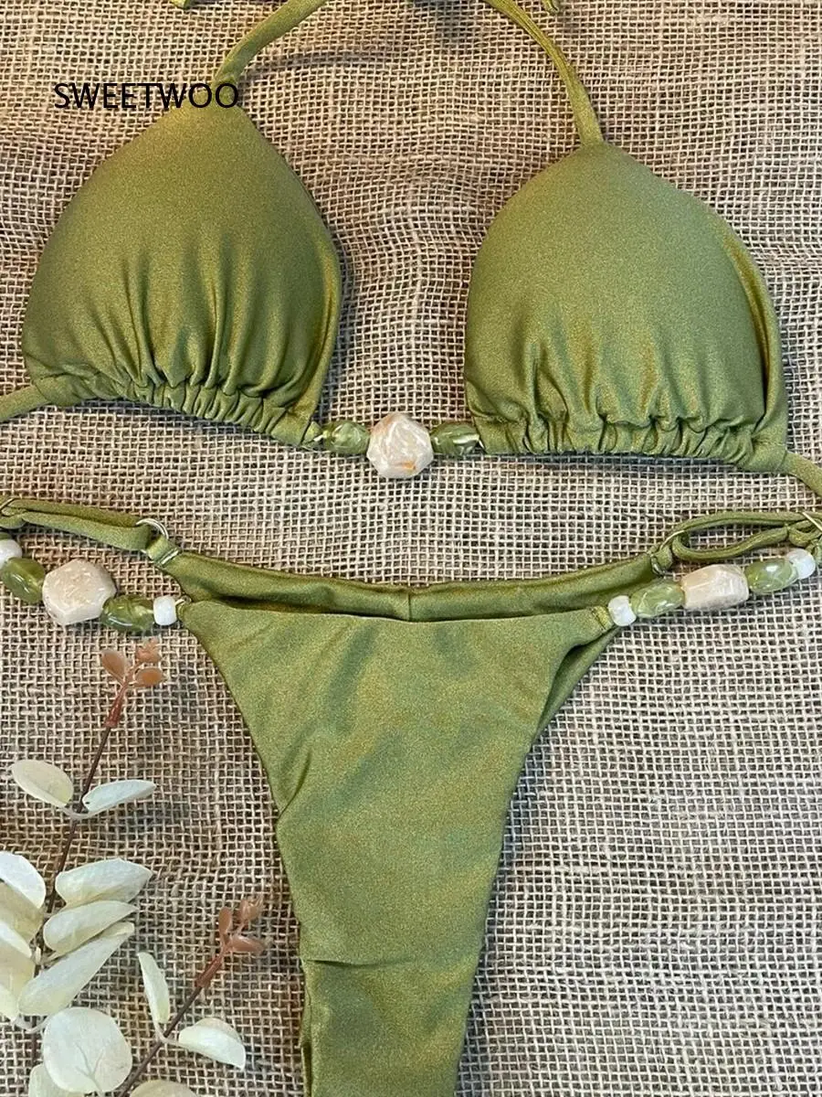 Women Halter Triangle Bikini Set Shell Decor Two Piece Bathing Suit Tie Back Swimwear Solid Color Beachwear For Summer Pool
