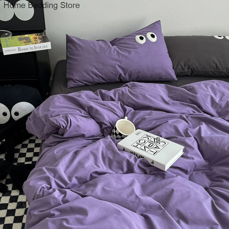 Cute Big Eyes Bedding Set Twin Full Queen Duvet Cover Set Pillowcases For Adult Kids Bed Linen Solid Color Bed Flat Sheet Kawaii