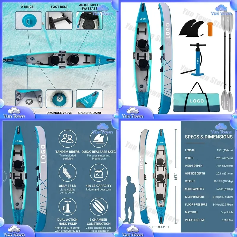 Foldable 2 Person Drop Stitch Inflatable Sit In Kayak for Universal Kayaking Gear Accessories Water Sports Equipment
