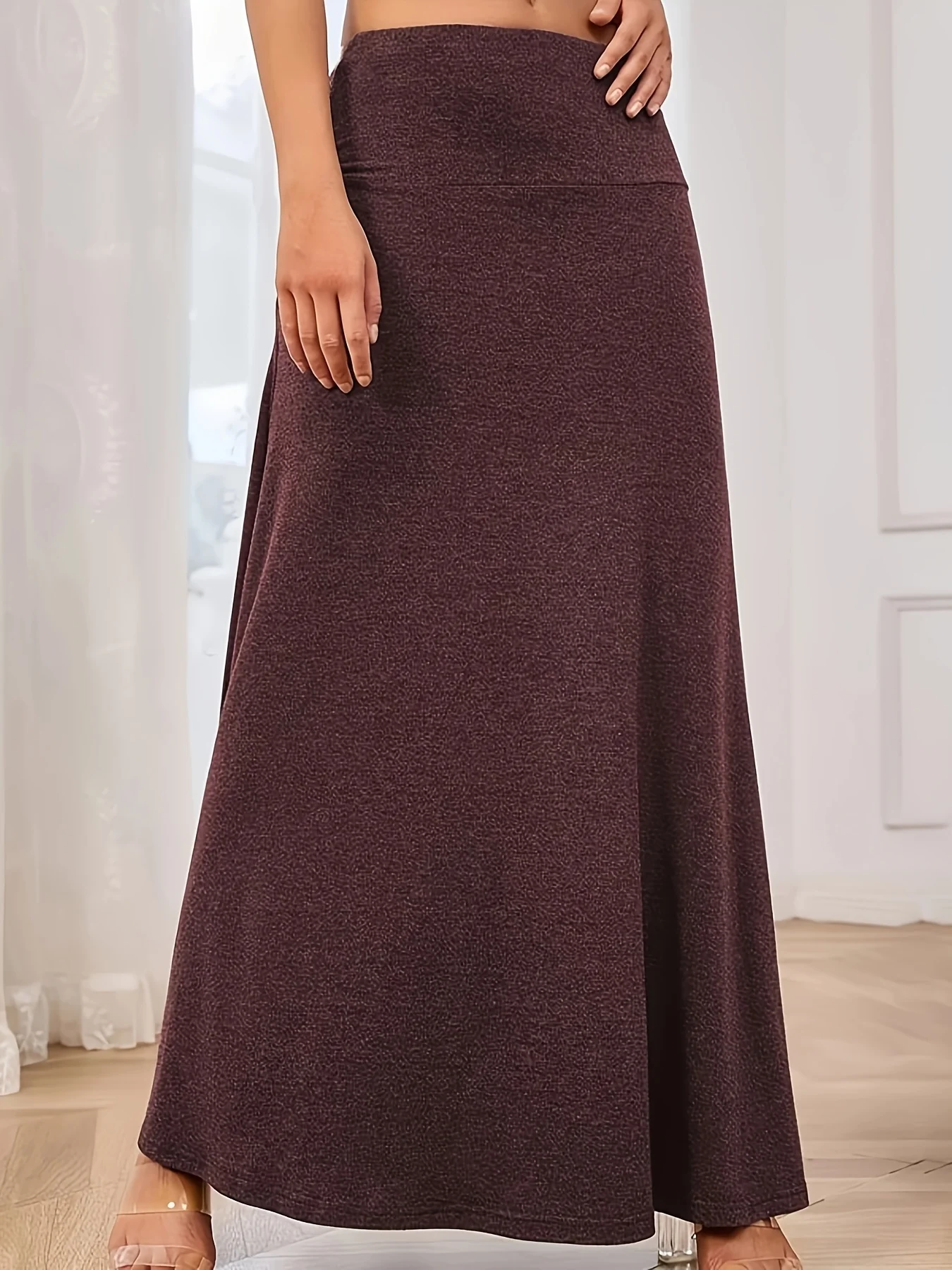 Plus Size Elastic Knitted High Waist Skirt 1XL-5XL Solid Slimming Flared Maxi Skirt Versatile Daily Wear