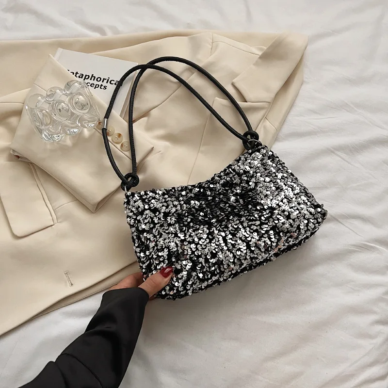 2024 Spring New Handbags For Women Fashion Casual Shoulder Bags Shining Sequin Silver Black Tote Bags Simple Trendy Shopping Bag