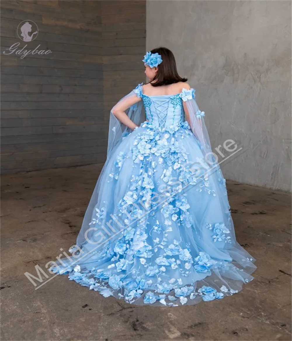 Robes de soirée de mariage bleu clair, manches d'épaule, fête d'anniversaire pour enfants, première Communion, concours de beauté, robe de soirée