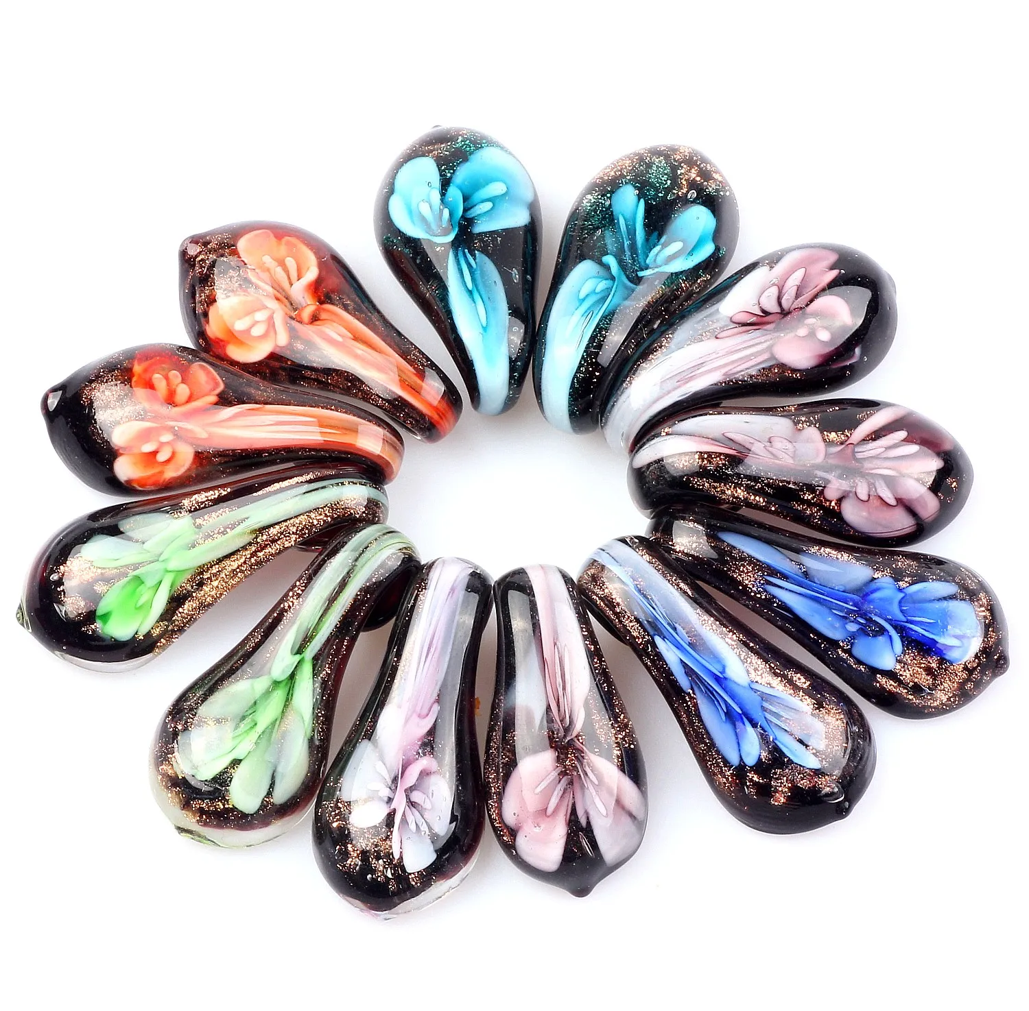 Qianbei Wholesale 12pcs Handmade Murano Lampwork Glass Mix Color Flowers Drop Pendant Fit Necklace