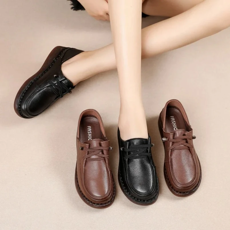 2025 أحذية ناعمة امرأة الشقق الإناث الخف الخريف قباقيب منصة فستان جلد طبيعي الخريف الزواحف الرجعية الجدة مريحة