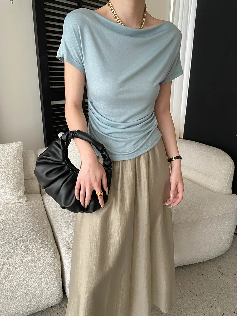 

Летняя женская футболка с коротким рукавом, однотонная, модная, с воротником-стойкой, на одно плечо, с эффектом утончения талии.