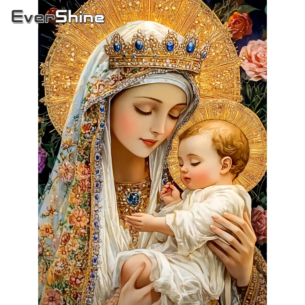 

EverShine Full Drill Diamond Mosaic Religion Figures Picture Rhinestones Painting Virgin Mary DIY Embroidery Rose Decor For Home