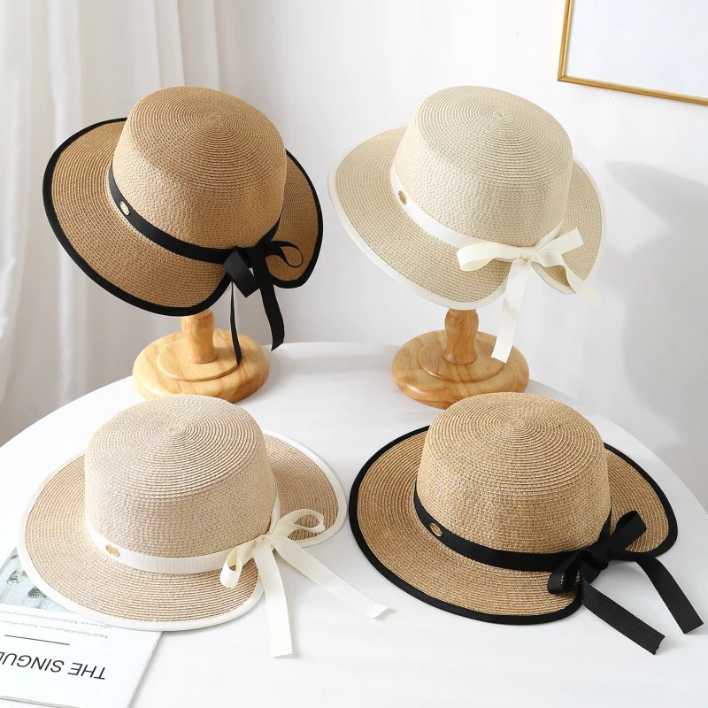 Women's Straw Bowknot Hat with Wide Brim Summer Foldable Beach Sun Hat for Vacation Gardening Outdoor Activities