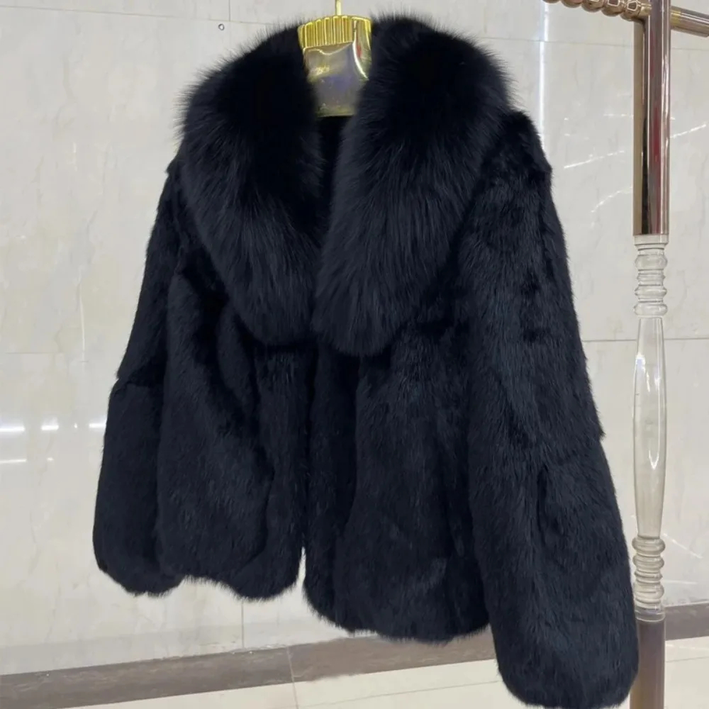 OFTBUY 100 Genuine Whole Skin Rabbit Fur Coat with Luxury Real Natural Fox Fur Collar Jacket Full Pelt Rabbit Fur Overcoat HT89