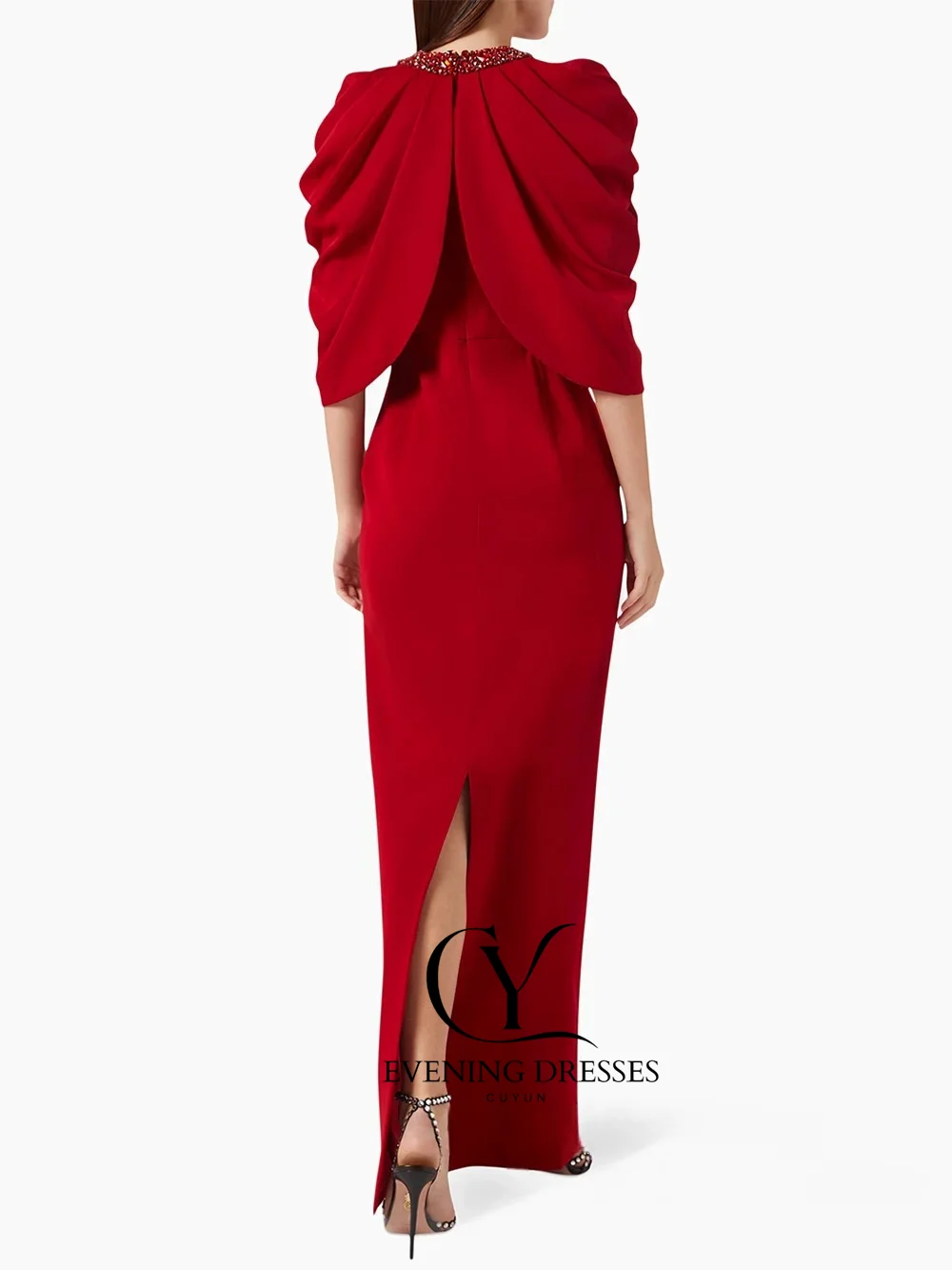 فستان حفلة موسيقية أحمر من CUYUN مع كيب مخصص بأحجار كريستال غمد خلفي سبليت للمرأة العربية السعودية ثوب مسائي #2