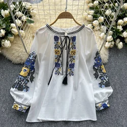 Vintage Elegant Embroidery sweet lool sleeve Lace-up Blouse Fashion loose  Shirt  Casual Chic Top Fairy  Summer Women