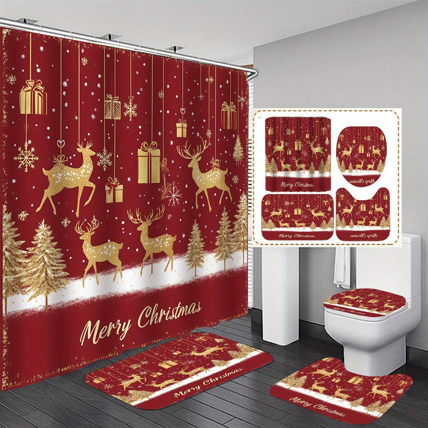 

4pcs Christmas Gold Foil Reindeer Bathroom Set, Printed Shower Curtain, Non-Slip Mat & Toilet Cover for Farmhouse Holiday Decor