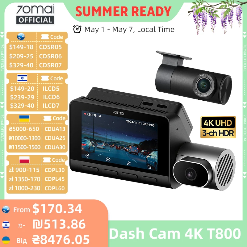70mai T800 3-Channel HDR Car DVR Front 4K+Rear 4K/1080P+Interior