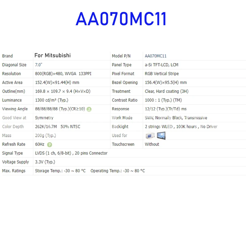 AA070MC11 7.0 Inch LCD Display Screen Panel Original for Mitsubishi 20 Pins Connector Brand New and Fast Shipping 100% Tested