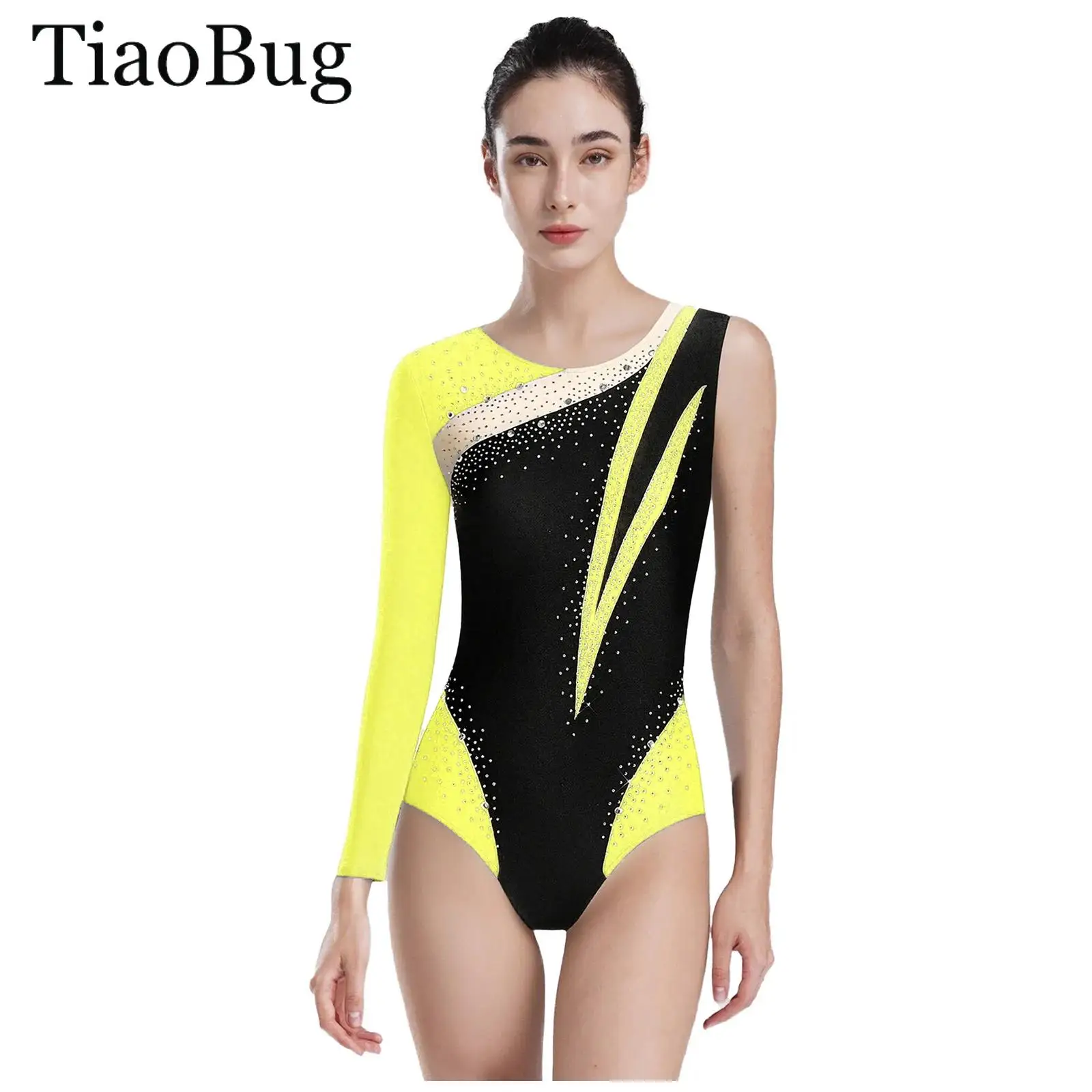 

Women Gymnastic Figure Skating Dance Leotard Jumpsuit One Shoulder Rhinestones Color Block Asymmetrical Workout Bodysuit Costume