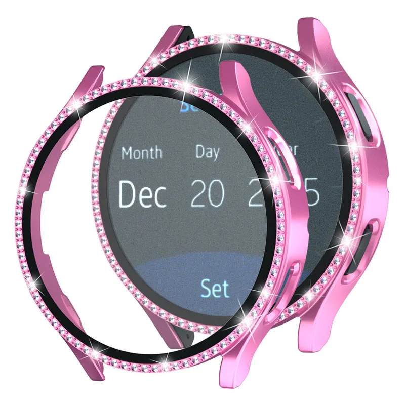 

Для Samsung Galaxy Watch7 40 мм чехол для часов из ПК со стразами и пленкой из закаленного стекла - розовый