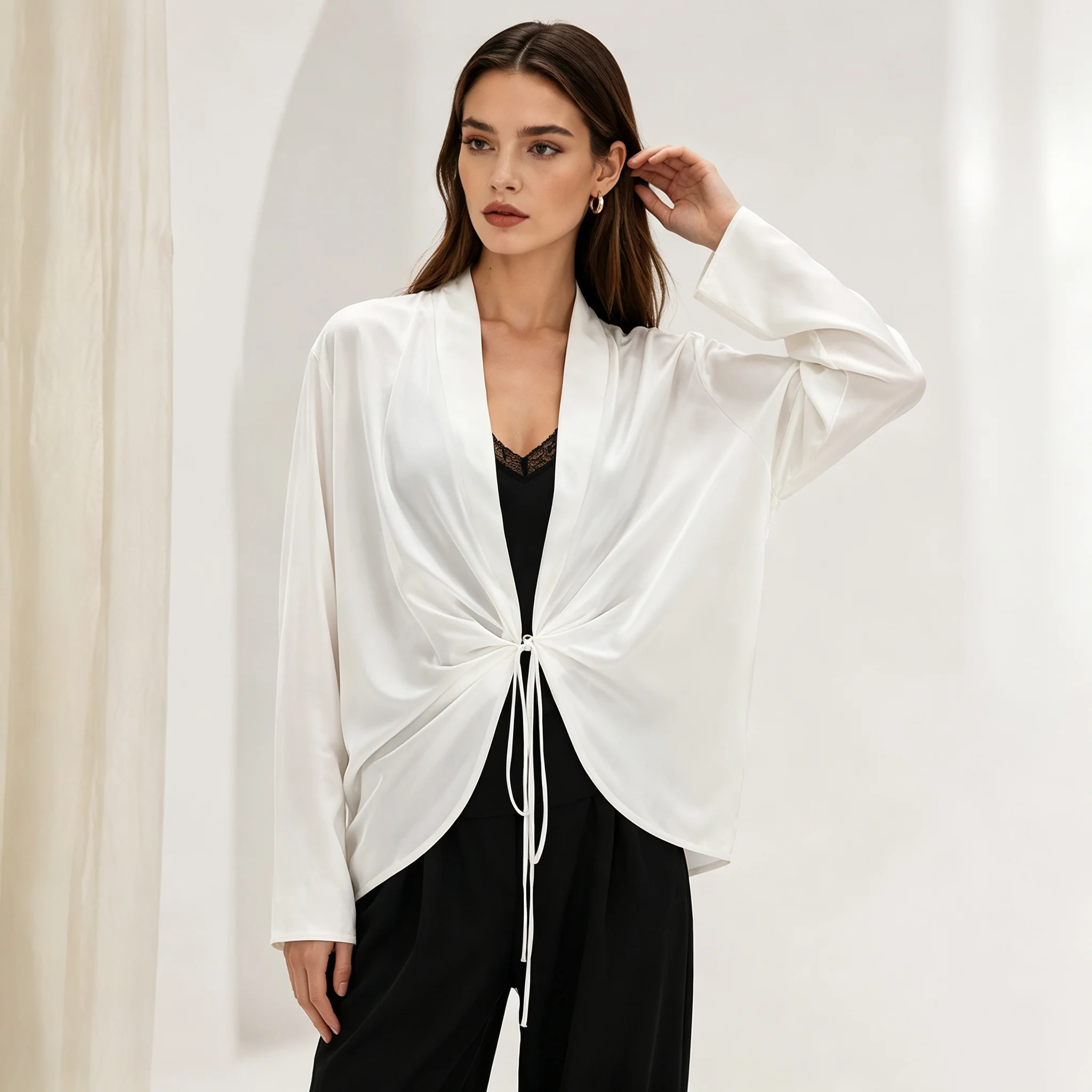 RU Ladies Glossy Satin Knotted Front Cardigan Long Sleeve Loose Fit Elegant Wrap Over Outerwear Daily Commute Layering Top