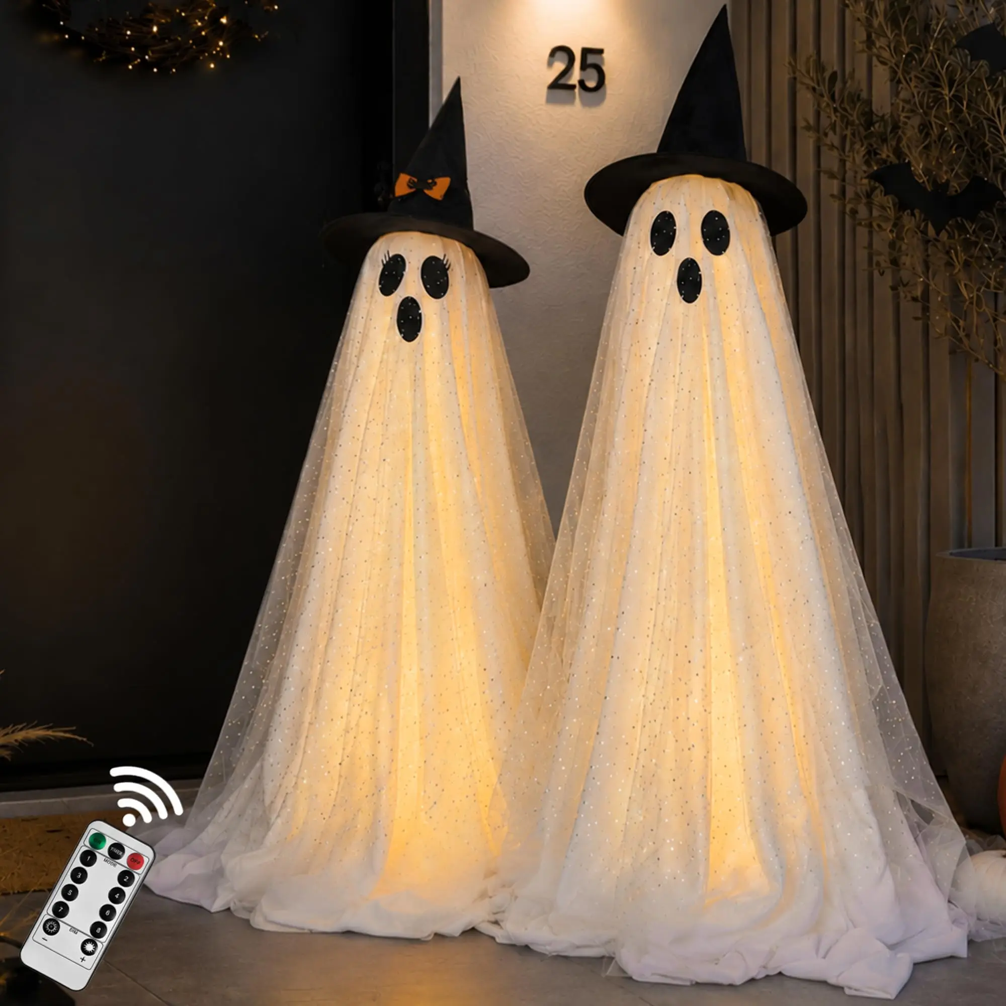 Spooky Ghost Halloween String Lights with Remote Control for Outdoor Porches Yards Gardens Party Decoration Indoor