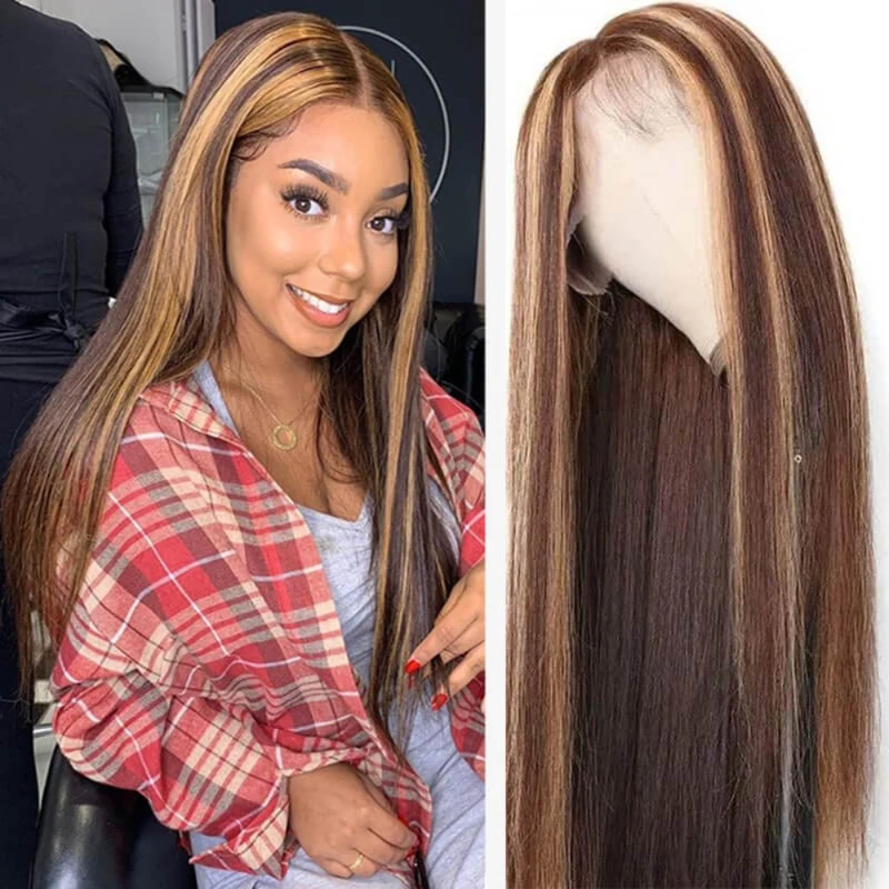 Peluca con malla Frontal recta ombré rubio miel 13x4 pelucas brasileñas 4/27 resaltadas 100% cabello humano 13x6 peluca Frontal de encaje HD para mujeres