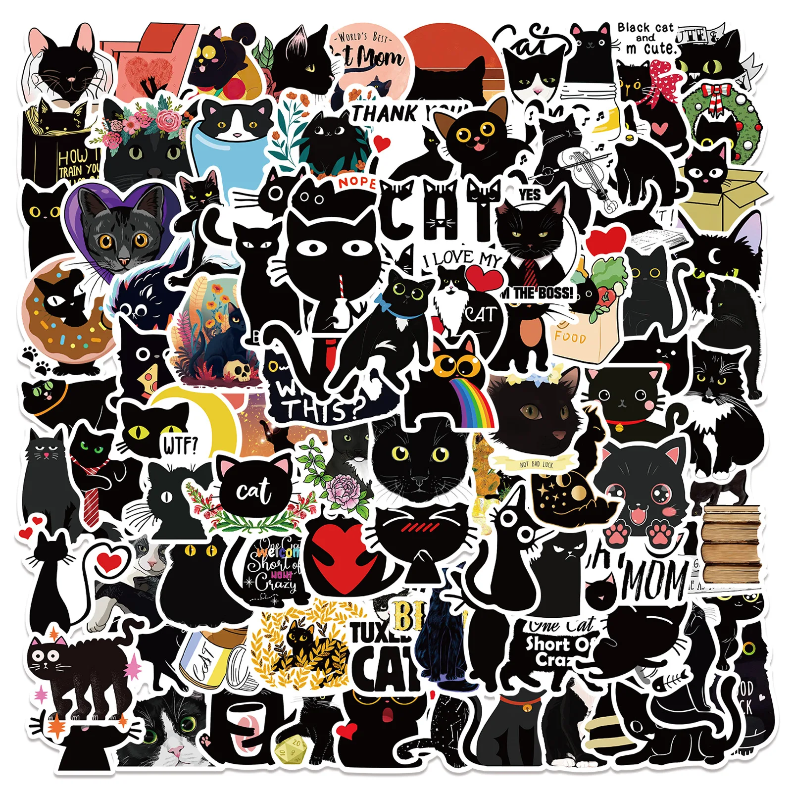 100Black Cat Graffiti Stickers Decoration Ipad Notebook Diy Waterproof Stickers for Kids Girl DIY Stationery Diary Cute Cartoon