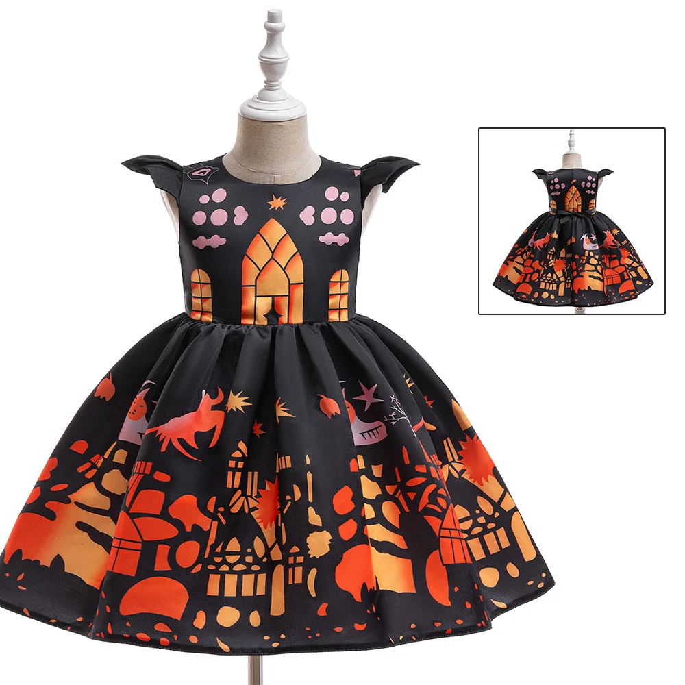 

Halloween Dress 2024 Kids Clothing Girl Sleeveless Prints Elegant Children Princess Dress Baby Girl Evening Party Dress 4-8 Year