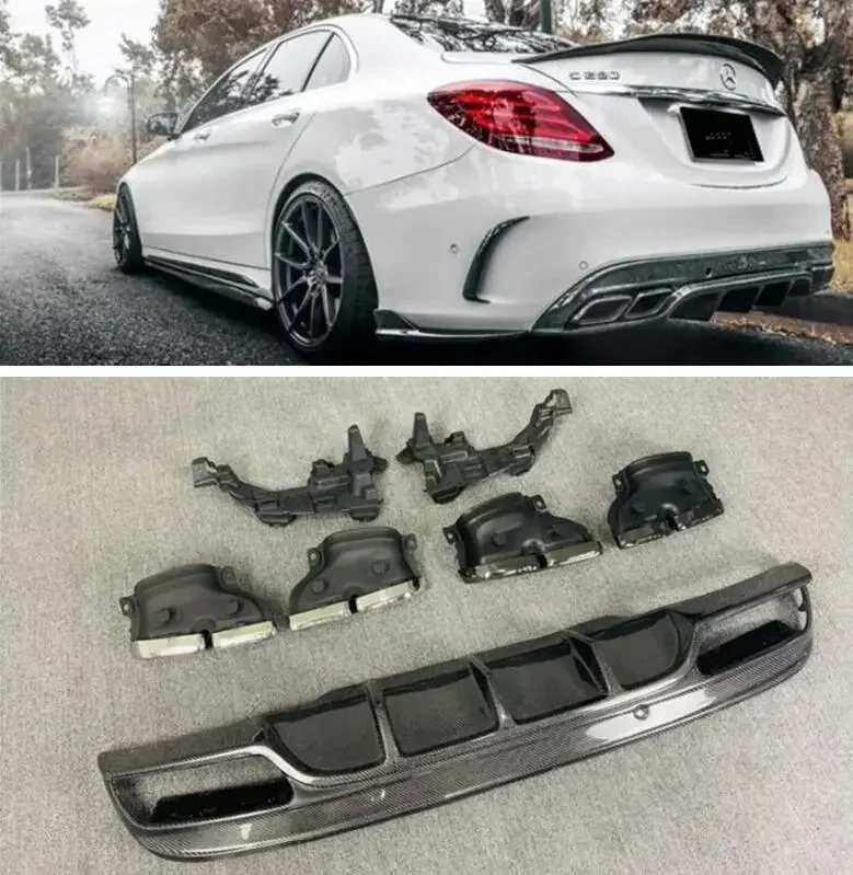 FD STYLE CARBON FIBER Rear Bumper Lip Spoiler Trunk Diffuser Cover&Exhaust Tips For Mercedes-Benz C Class W205 AMG C63 2015-2021