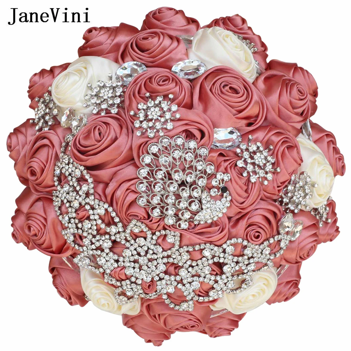 

JaneVini Luxury European Brides Crystal Holding Flowers Satin Roses Wedding Bouquets with Rhinestones Artificial Bridal Peacock