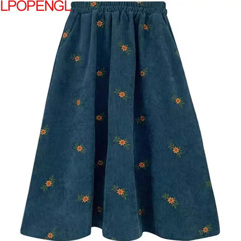Fashion 2025 Retro Corduroy Embroidered Skirt Women's Autumn And Winter Thick Umbrella High Waist A-line Flower Bud Long Skirt