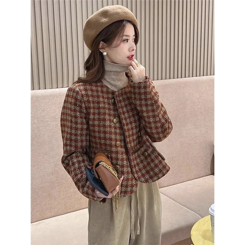 Tweed Jacket Overcoat Oversize Womens Fall Vintage Lady Rhinestones Elegant Minimalism Silhouette French Style Harajuku Lace-Up