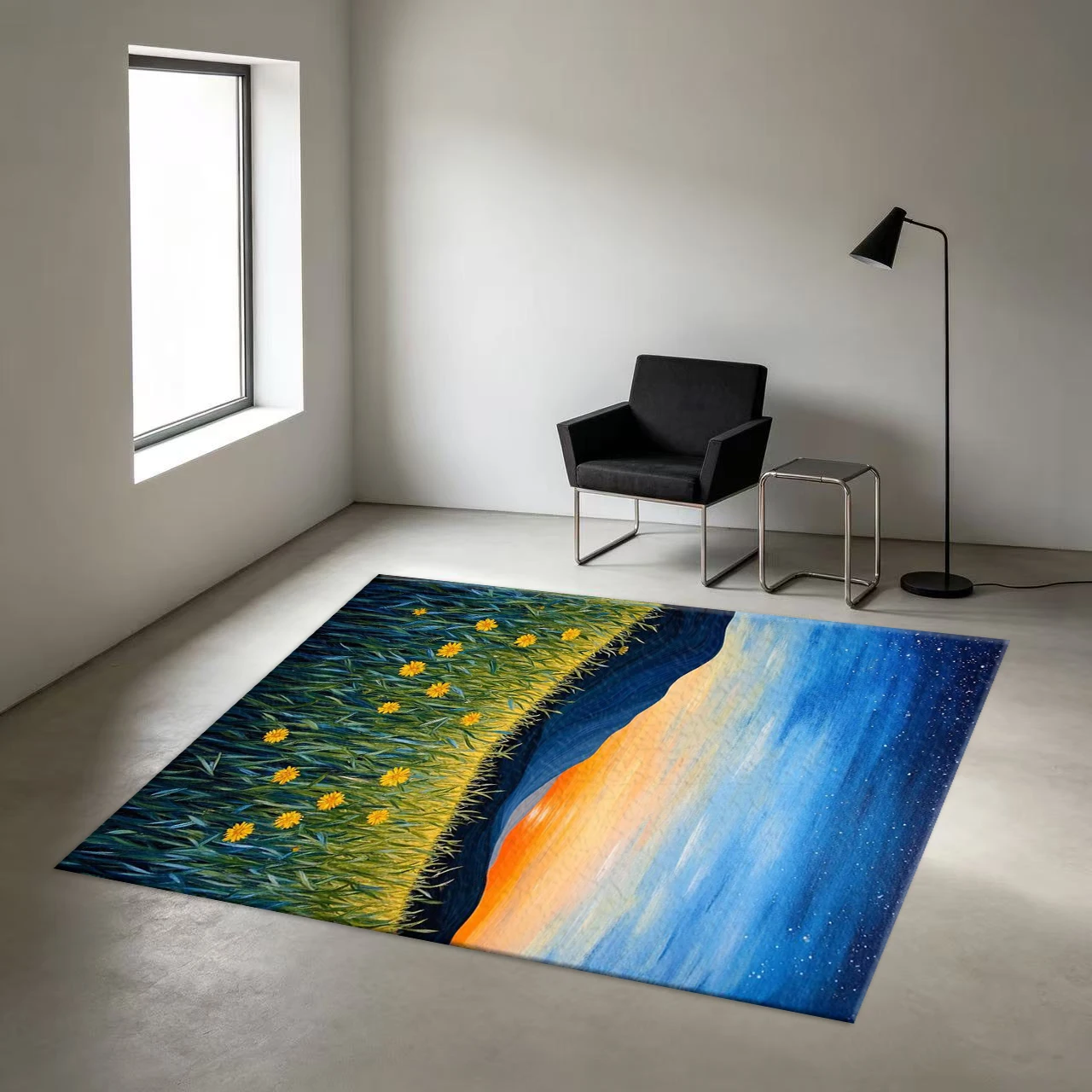 Oil Painting Sunset Starry Sky Mountain Yellow Wildflowers Carpet Floor Non-Slip Mat