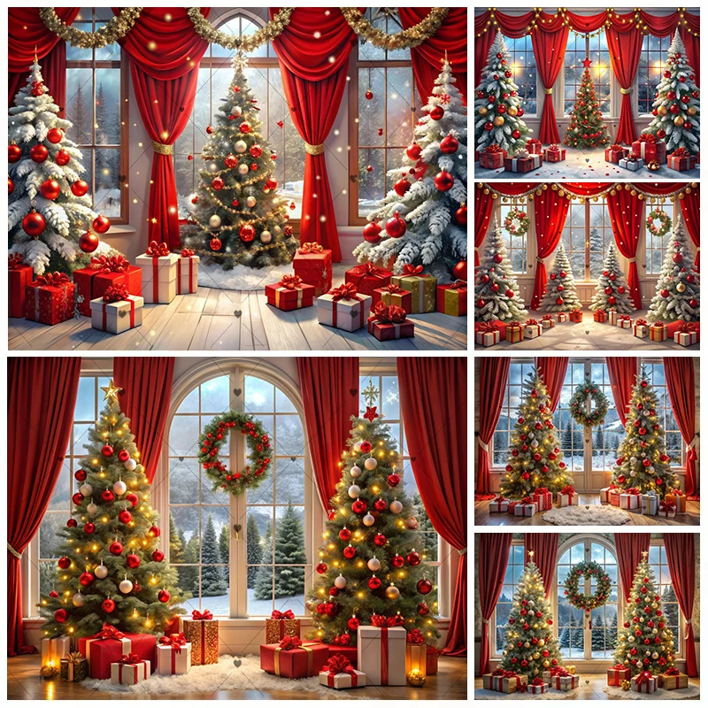 2025 рождественские фоны для фотографий, рождественская елка, красная занавеска, подарок для детей, детский портрет, новогодний декор для вечеринки, фон для студии