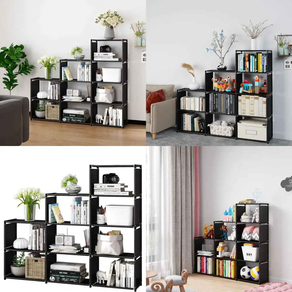 

Черная двухъярусная полка-органайзер с 9 кубами для книг и домашнего декора в гостиной