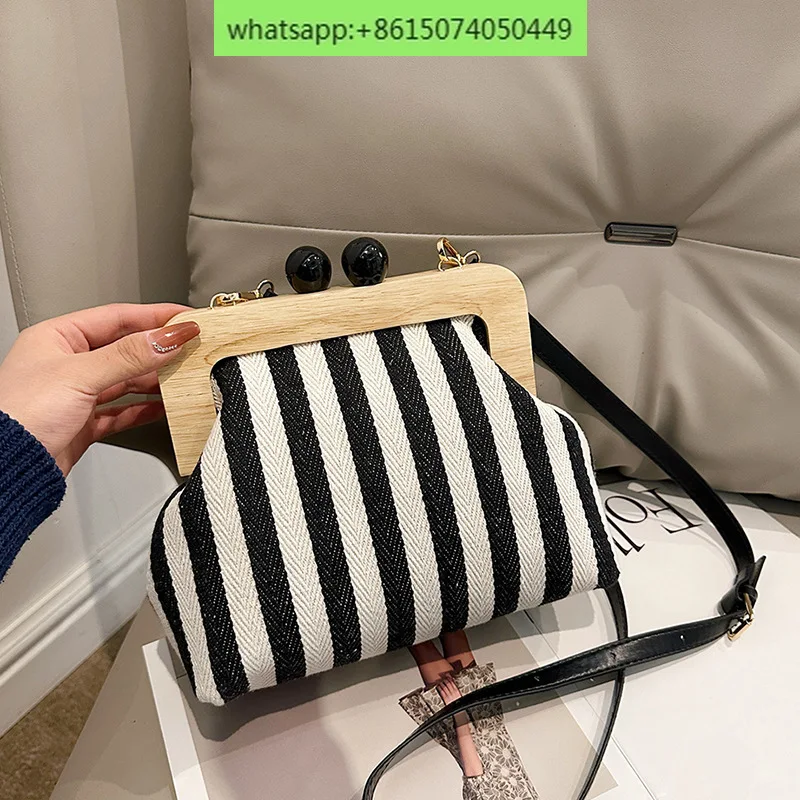 Women's bag fashion striped canvas wooden clip clutch shoulder crossbody bag