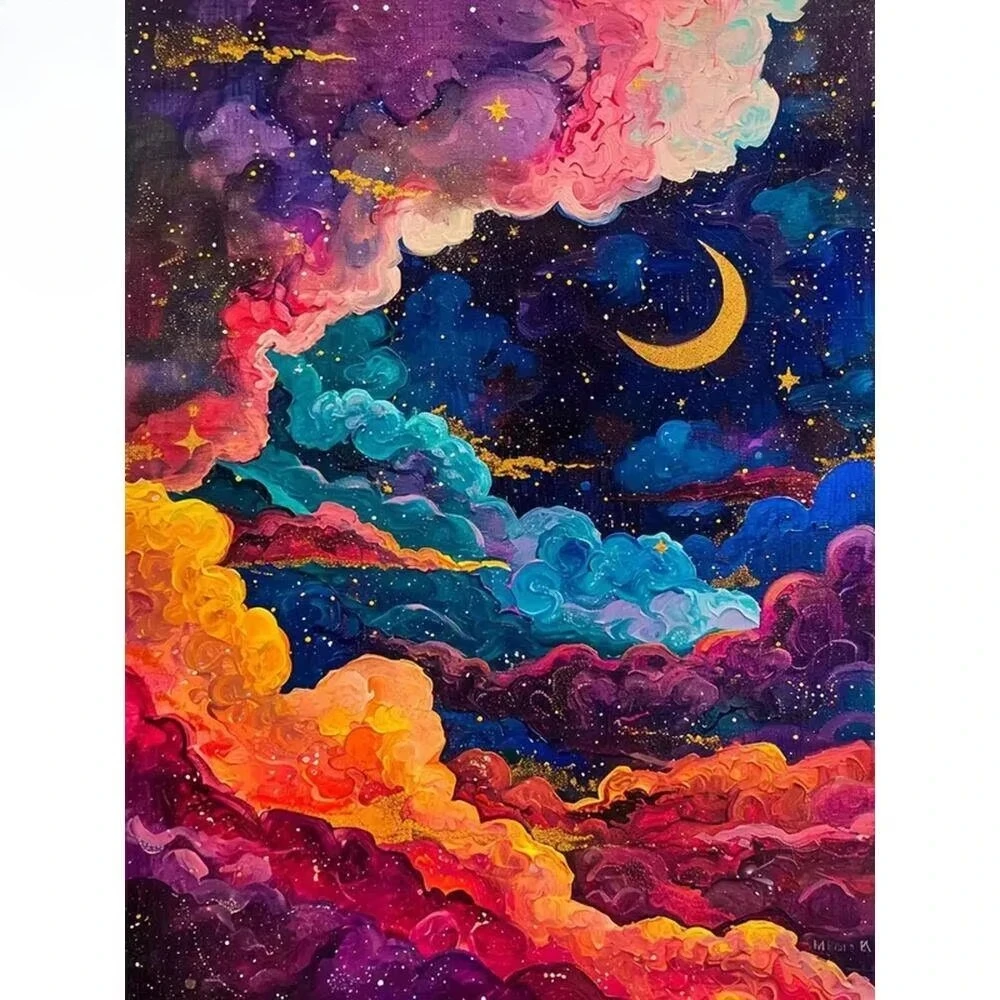 Magical Multicolor Pastel Cloud Night Sky Crescent Moon Art Diamond Painting,Picture Of Diamond Bedroom Warm Home Decoration