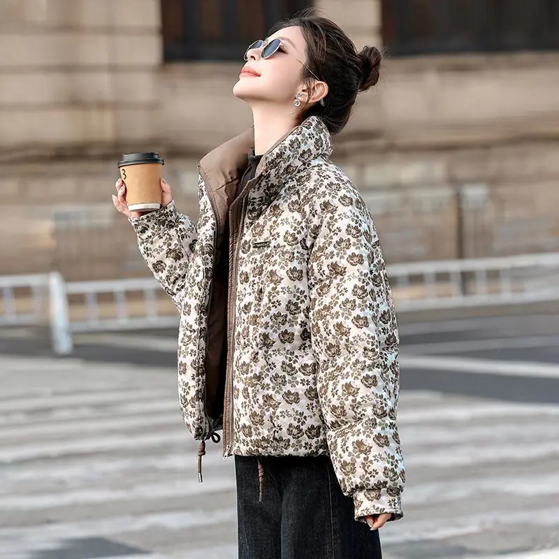 

Printed Cotton Clothing for Women in Winter 2025 New Loose Floral ins Style Dopamine Stand up Collar Short Loose Cotton Jacket