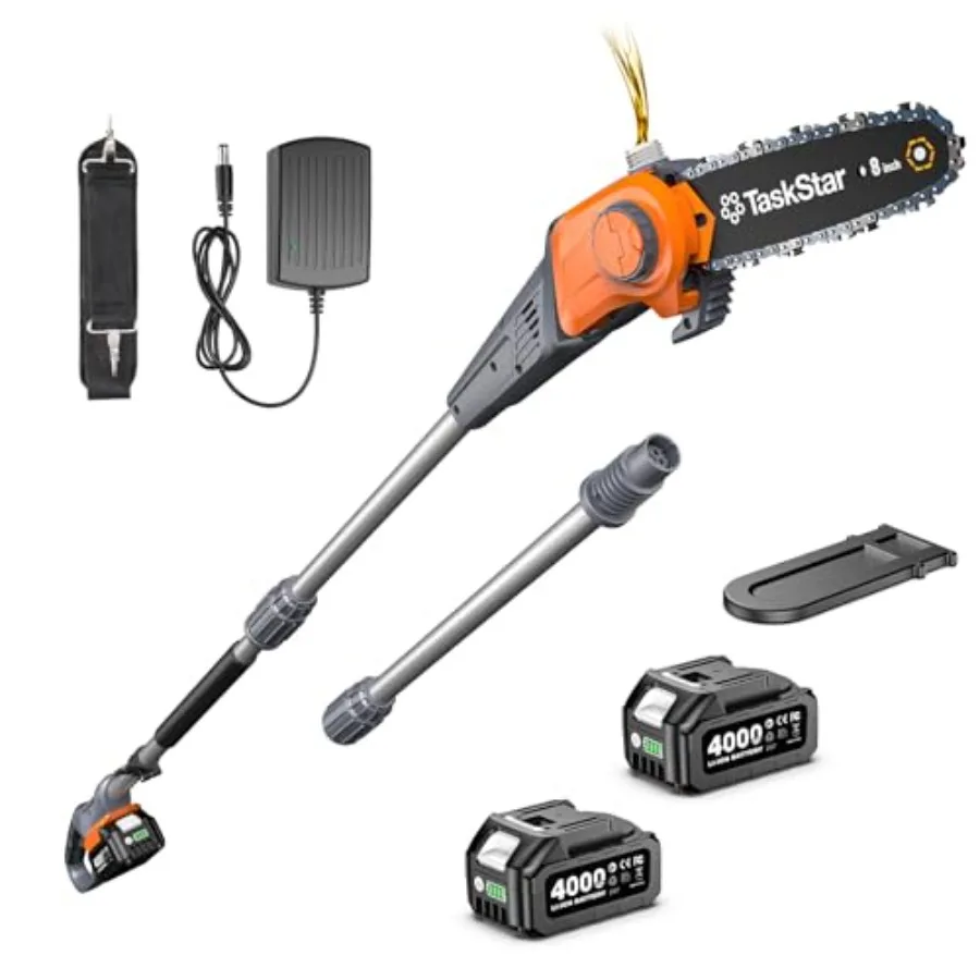 

8-дюймовая беспроводная электрическая пила для обрезки деревьев, 2 аккумулятора по 4000 мАч, мощный двигатель 600 Вт, максимальная длина подрезки 15 футов, без инструментов для сборки