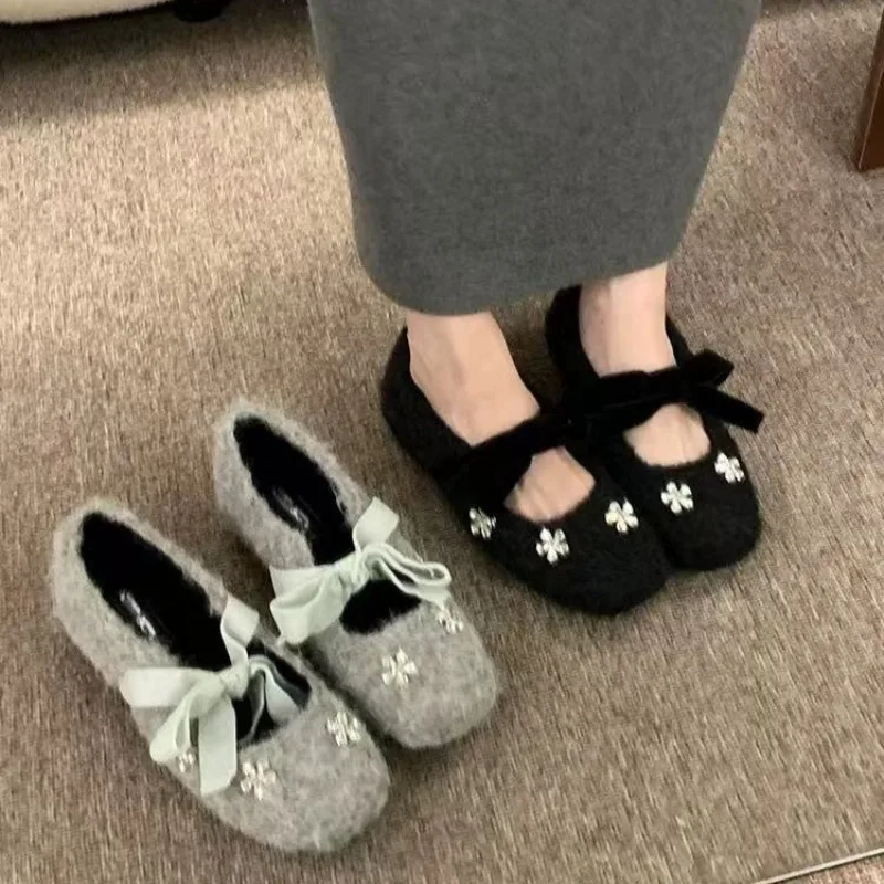 

Fluffy Rhinestone Mary Jane Women's French Square Toe Heightened Bow Non-Slip Single