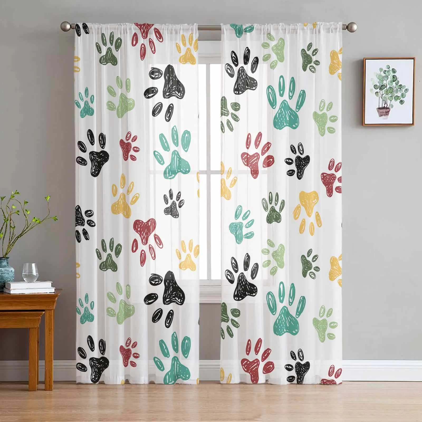 Animal Footprint Graffiti Sheer Tulle Curtains for Living Room Valance Curtains Kitchen Bedroom Window Voile Drapery